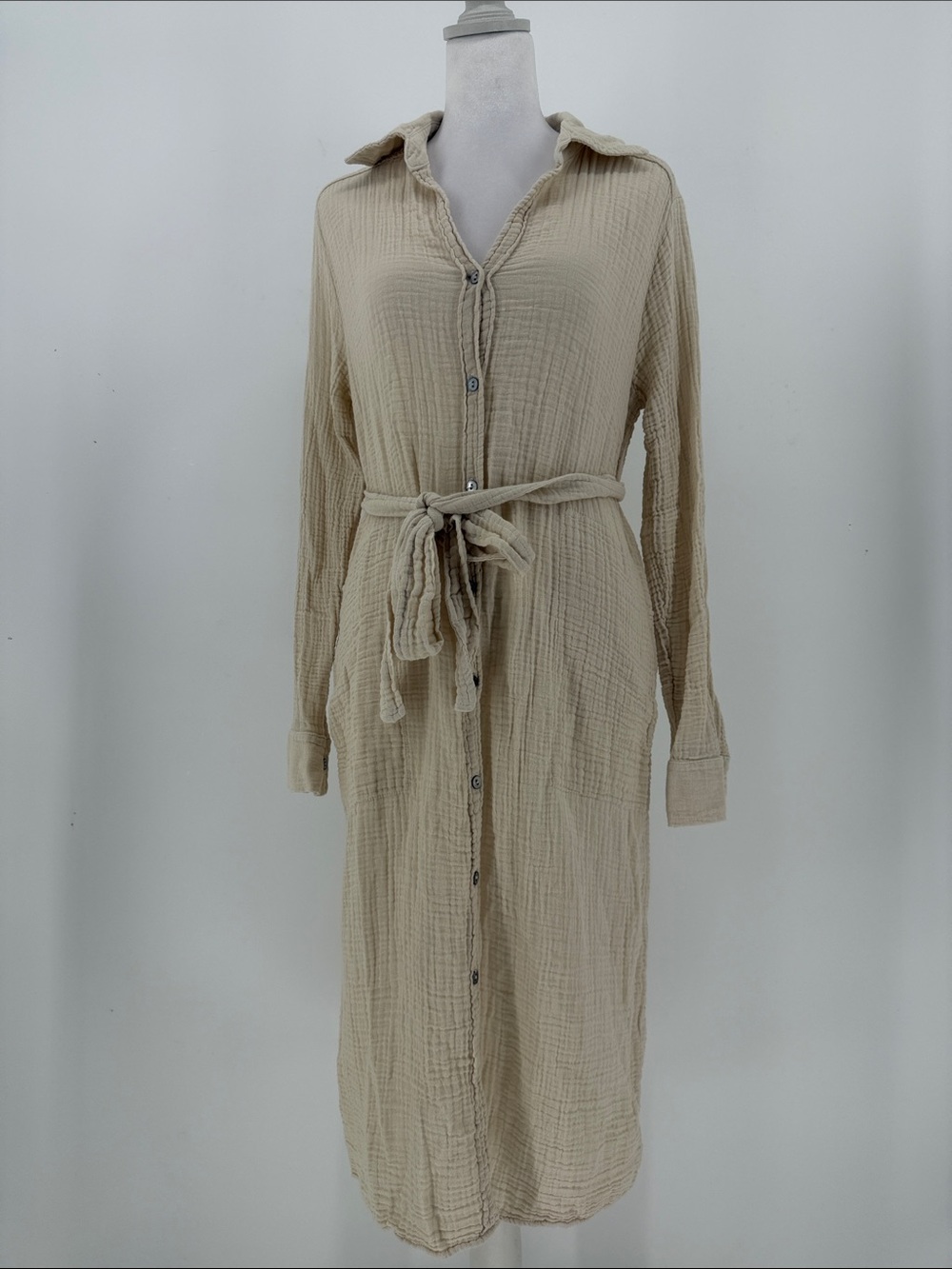 Michael Stars Gauze Button Front Midi Shirt Dress Cream XS Made USA